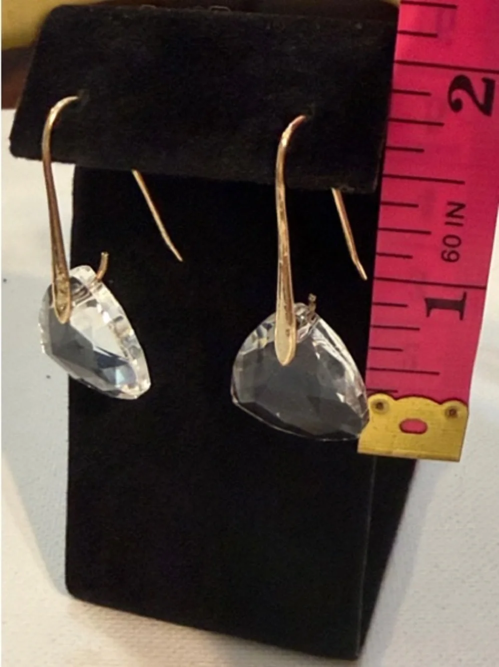 Vtg 90s Clear Crystal Faceted Drop Earrings Long Gold Wire Hook Deadstock